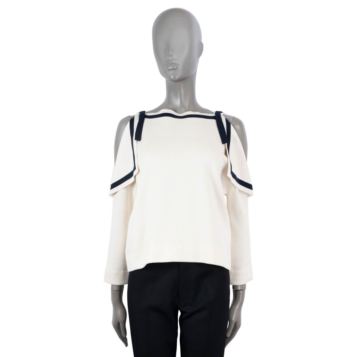 White OSCAR DE LA RENTA ivory & blue silk COLD SHOULDER SAILOR KNIT Shirt S For Sale