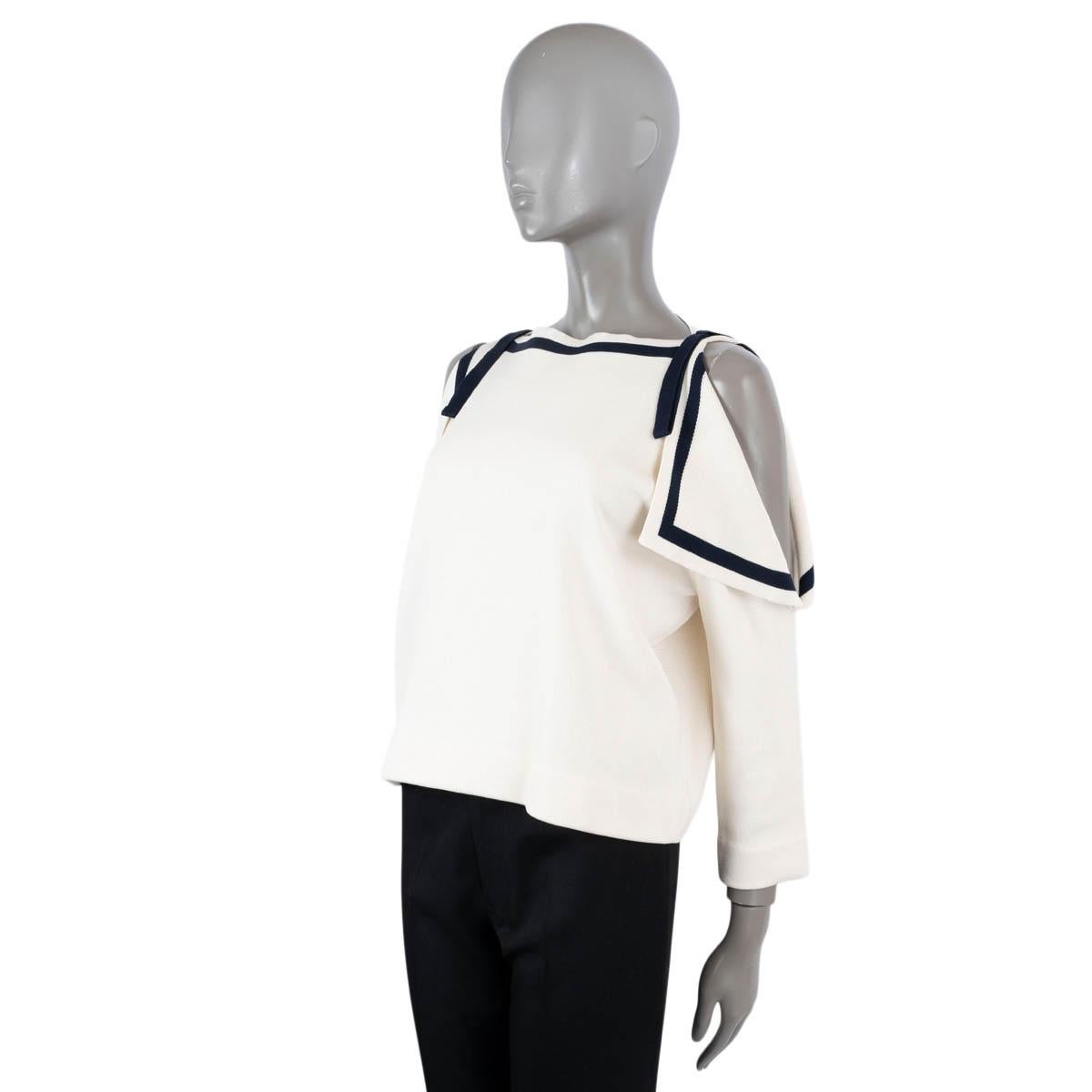 OSCAR DE LA RENTA ivory & blue silk COLD SHOULDER SAILOR KNIT Shirt S In Excellent Condition For Sale In Zürich, CH