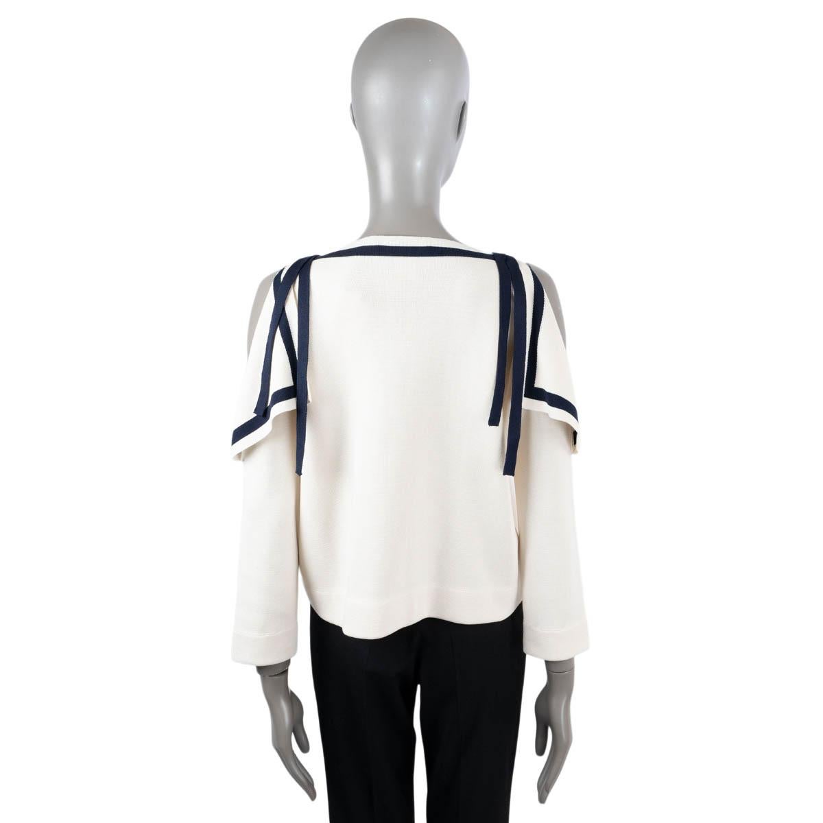 Women's OSCAR DE LA RENTA ivory & blue silk COLD SHOULDER SAILOR KNIT Shirt S For Sale