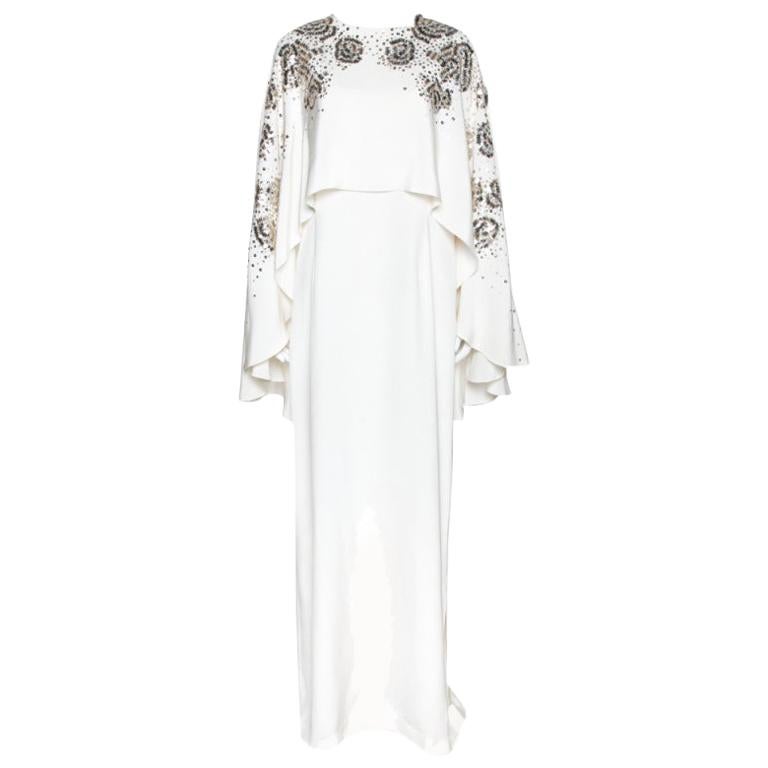 Oscar de la Renta Ivory Silk Sequin Embellished Cape Gown M For