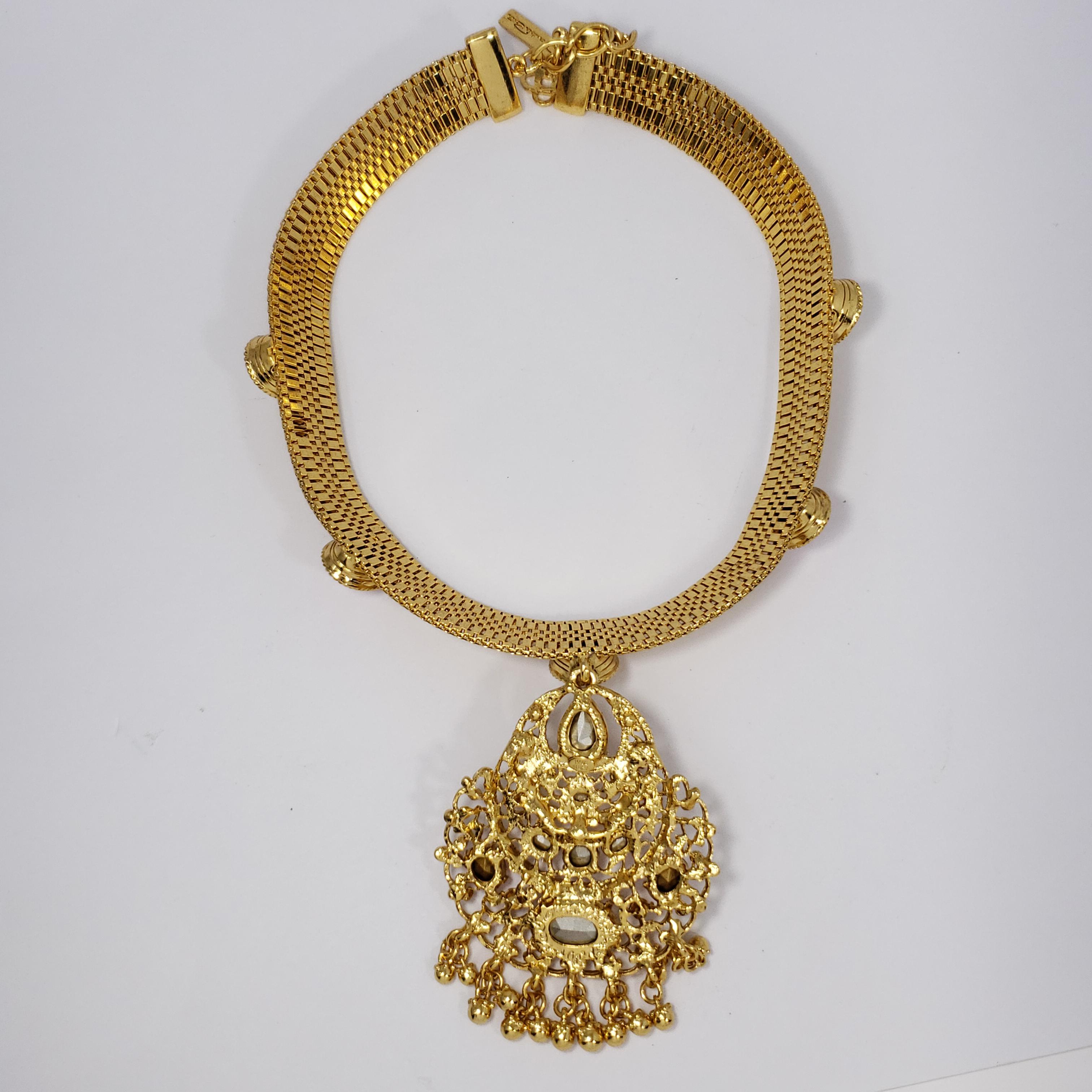 Oscar de la Renta Jeweled Collar Necklace in Gold, Rose and Topaz Crystals In New Condition For Sale In Milford, DE