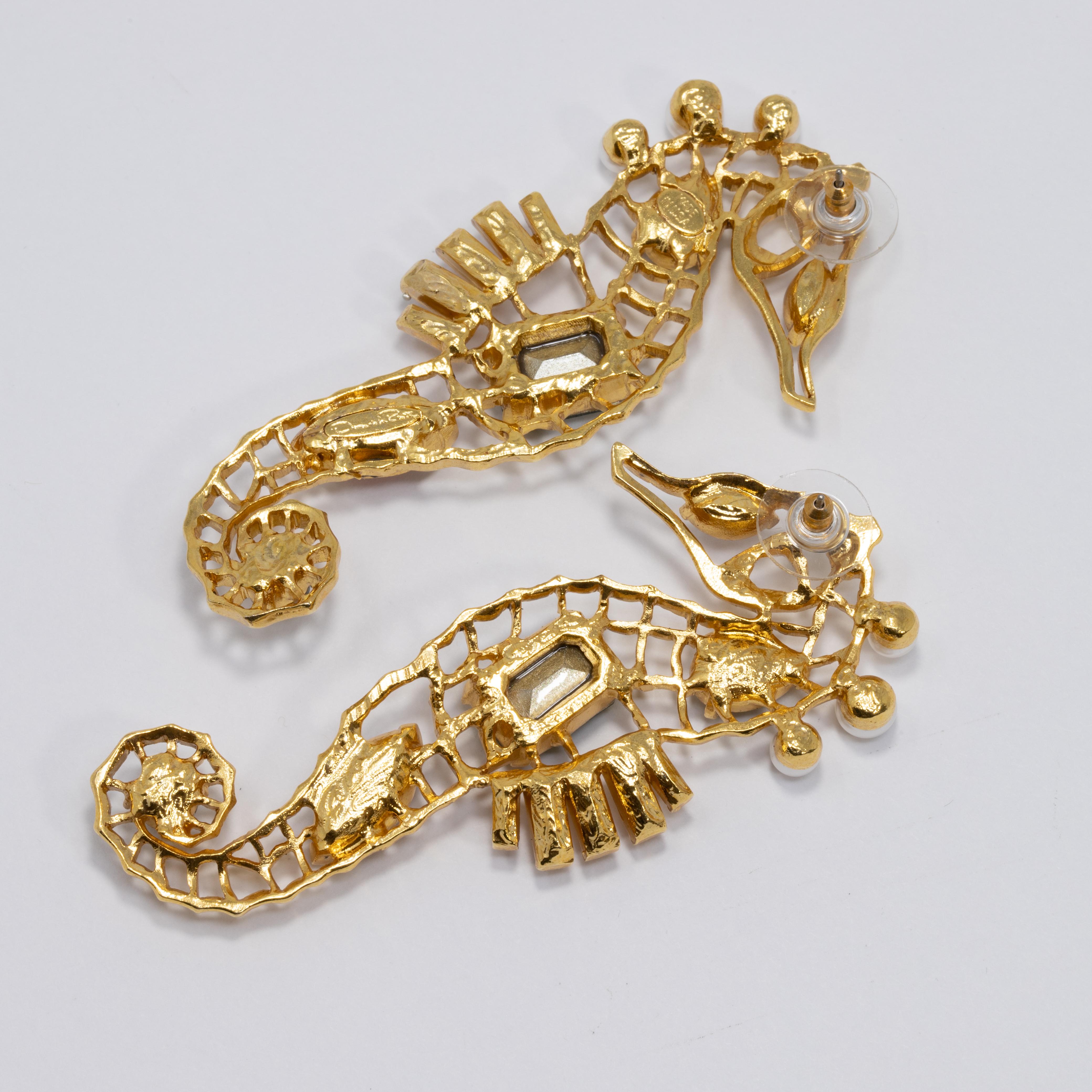 Brilliant Cut Oscar de la Renta Jeweled Seahorse Earrings in Gold, Green Reed and Blue Crystal