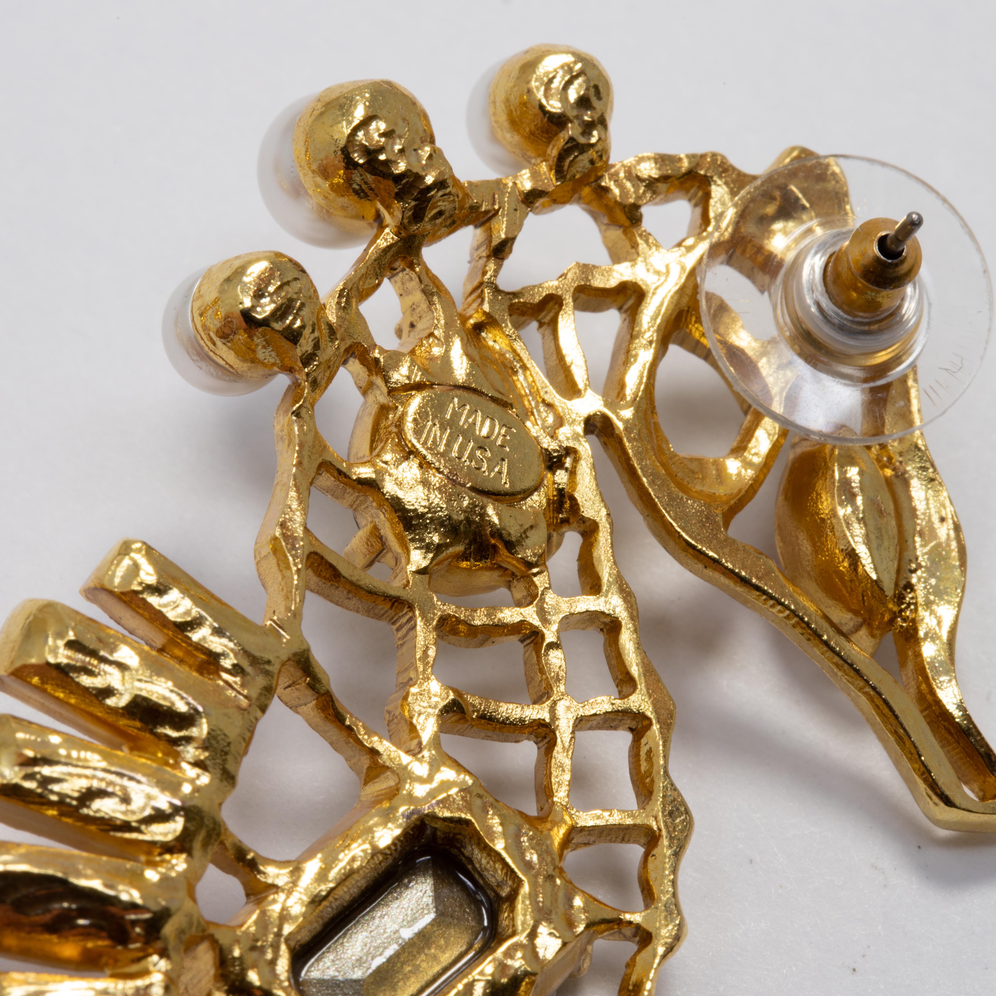 Women's or Men's Oscar de la Renta Jeweled Seahorse Earrings in Gold, Green Reed and Blue Crystal