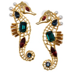 Oscar de la Renta Jeweled Seahorse Earrings in Gold, Green Reed and Blue Crystal