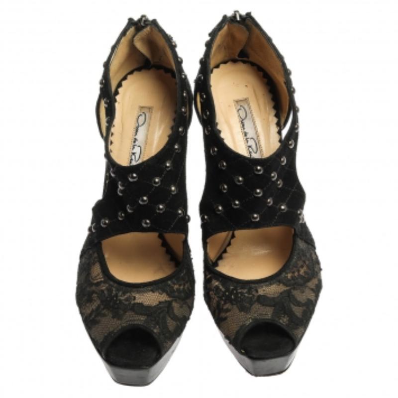 Oscar de la Renta Lace & Suede Platform Studded Peep Toe Zipper Sandals Size 38 For Sale 2