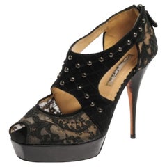 Oscar de la Renta Lace & Suede Platform Studded Peep Toe Zipper Sandals Size 38