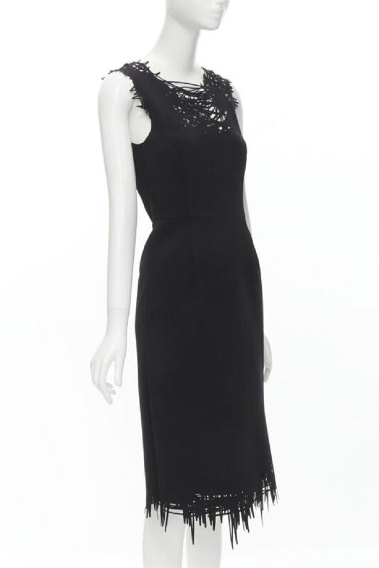 Black OSCAR DE LA RENTA laser cut scribble cut out scuba sheath pencil dress S For Sale