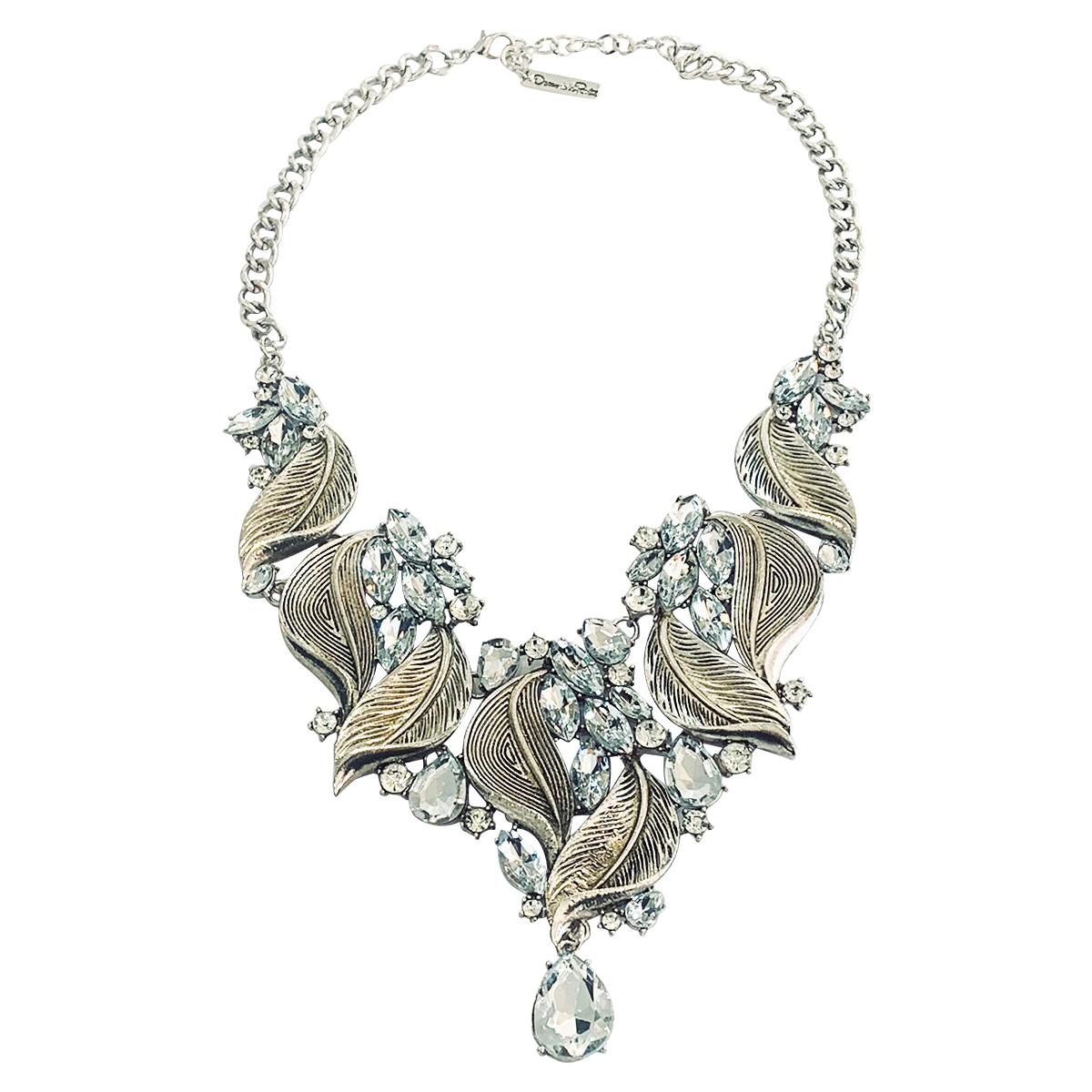 Oscar De La Renta Leaf and white diamante necklace For Sale