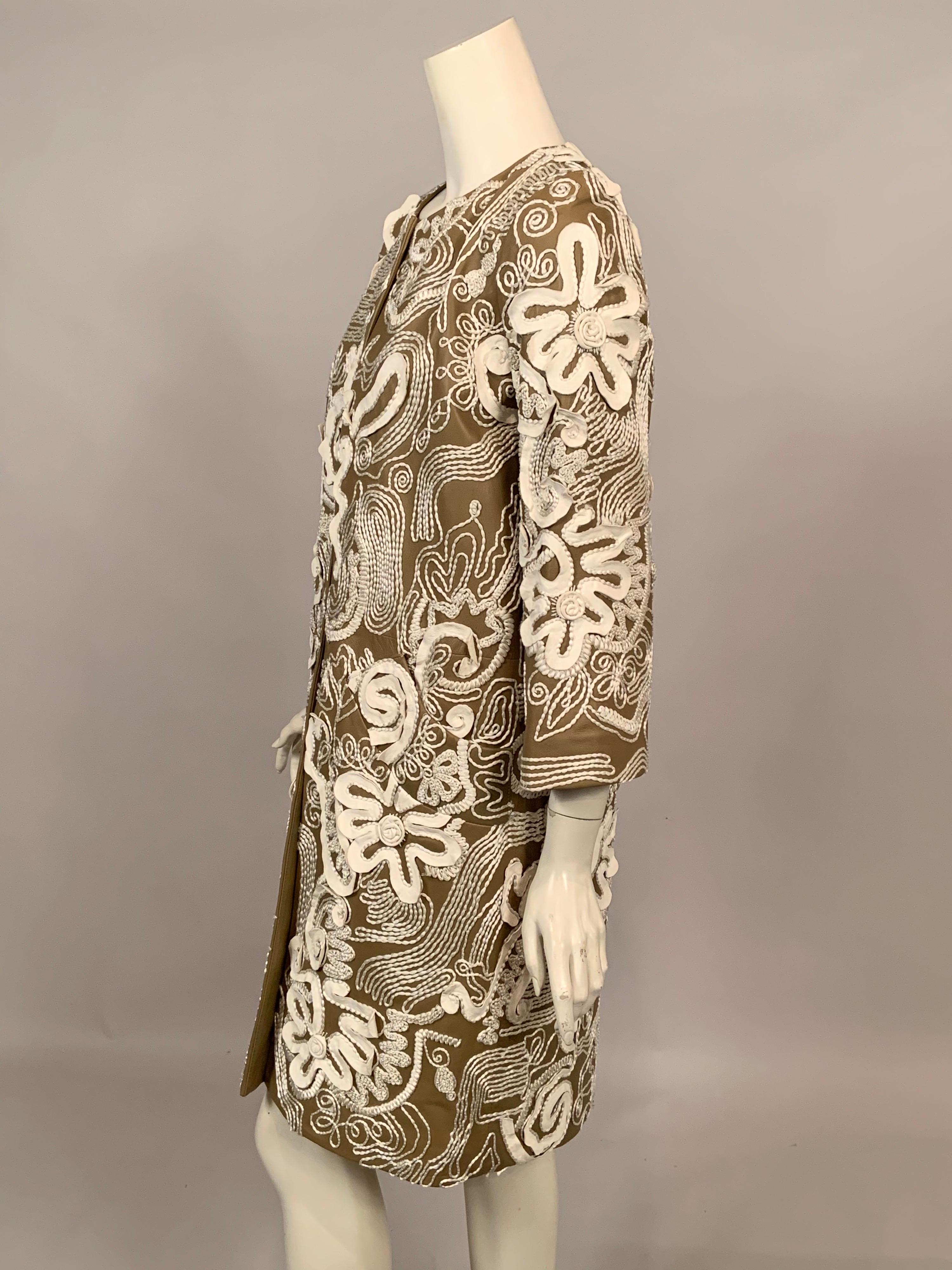 Oscar de la Renta Leather Appliqued and Silk Embroidered Lambskin Coat 7