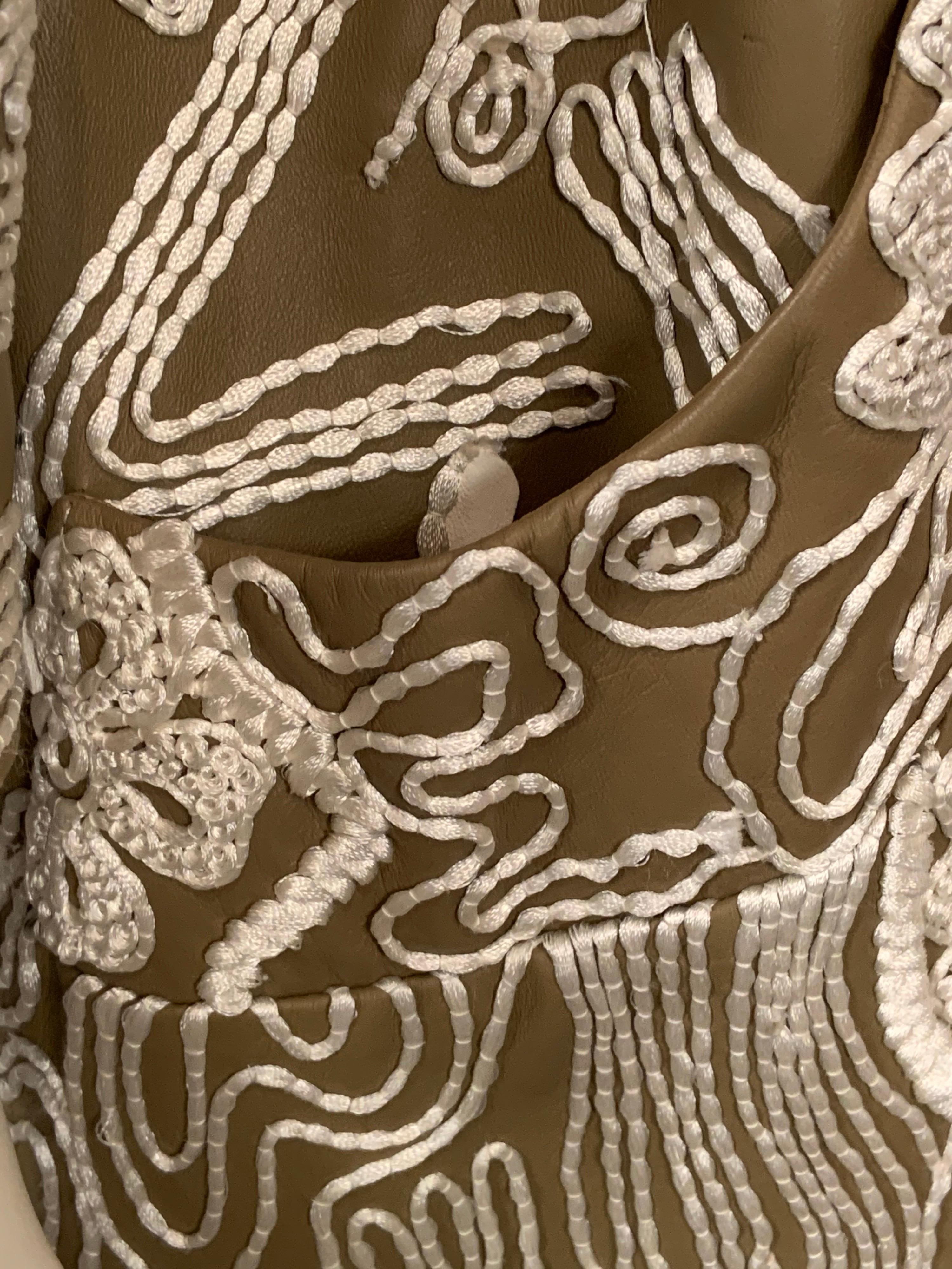 Oscar de la Renta Leather Appliqued and Silk Embroidered Lambskin Coat 1