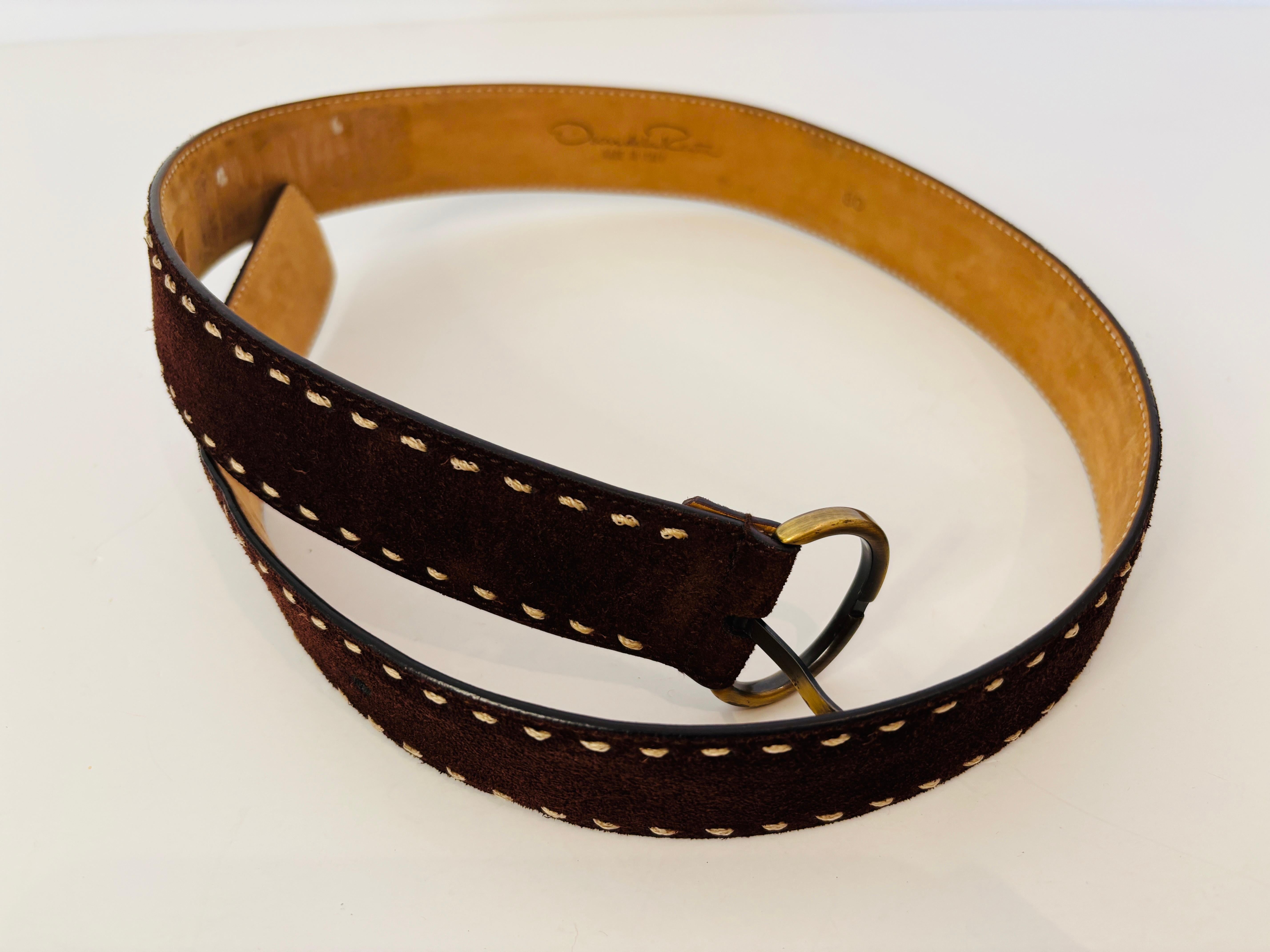 Women's or Men's Oscar de la Renta Leather Belt Brown Stitched Nubuck For Sale