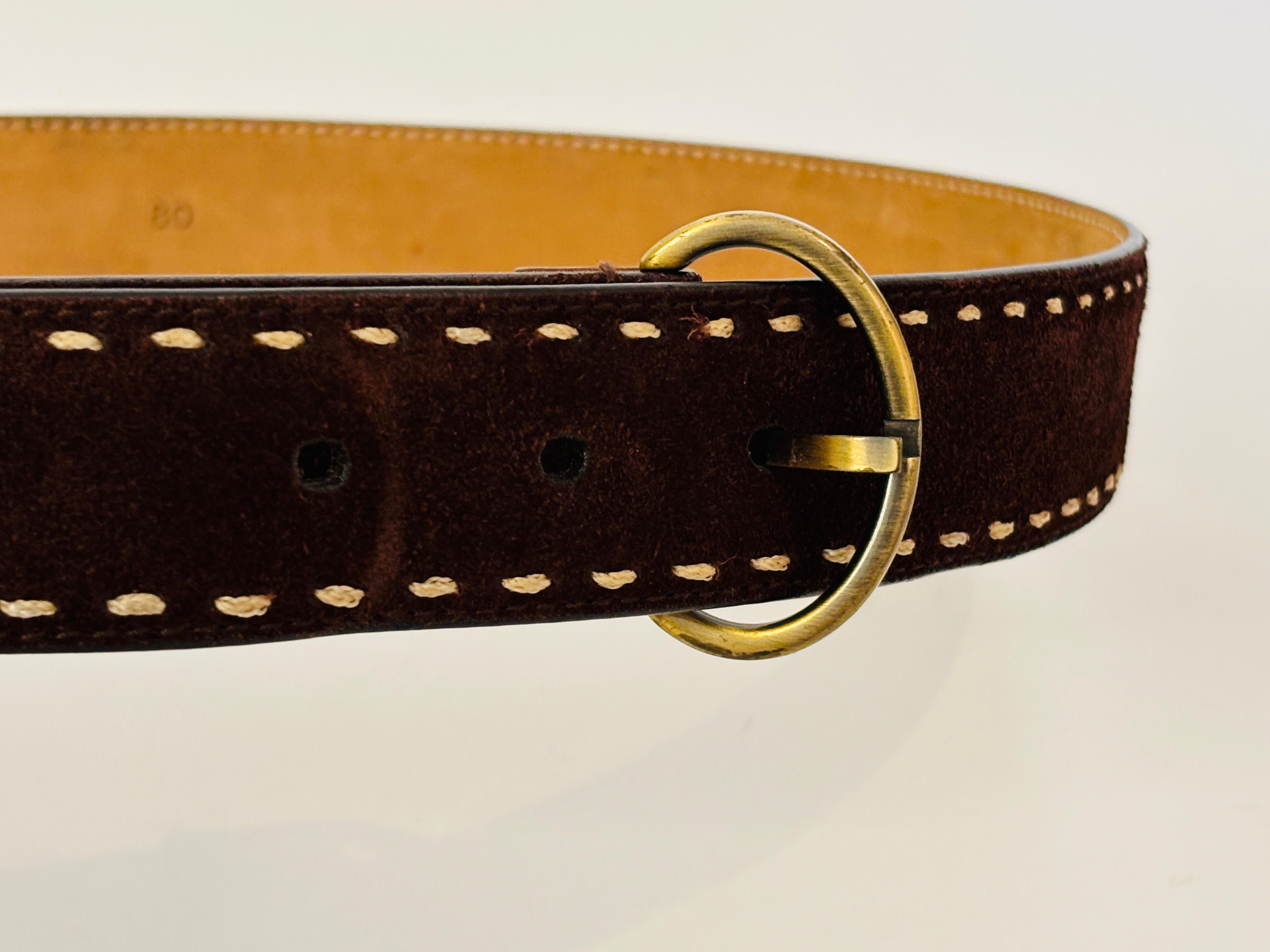 Oscar de la Renta Leather Belt Brown Stitched Nubuck For Sale 3