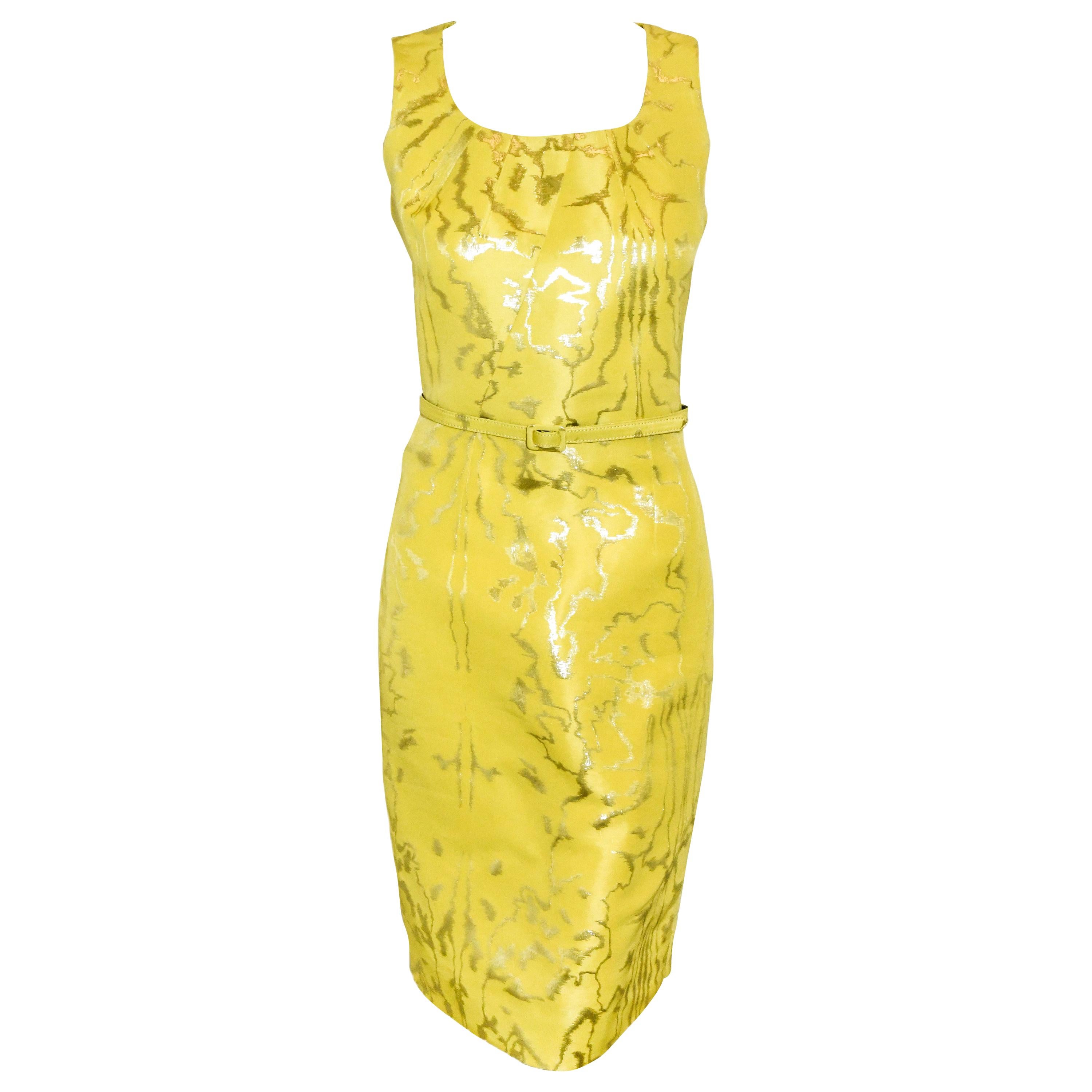 Oscar de la Renta Lemon Silver Brocade Cocktail Dress With Silver Threads For Sale