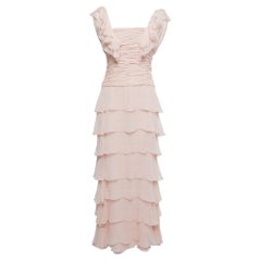Oscar de la Renta Light Pink Silk Ruched Corset Detail Sleeveless Tiered Gown M