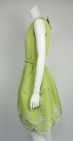 Oscar De La Renta Lime Green and White Eyelet Silk Chartreuse Dress - 10 - NWT
