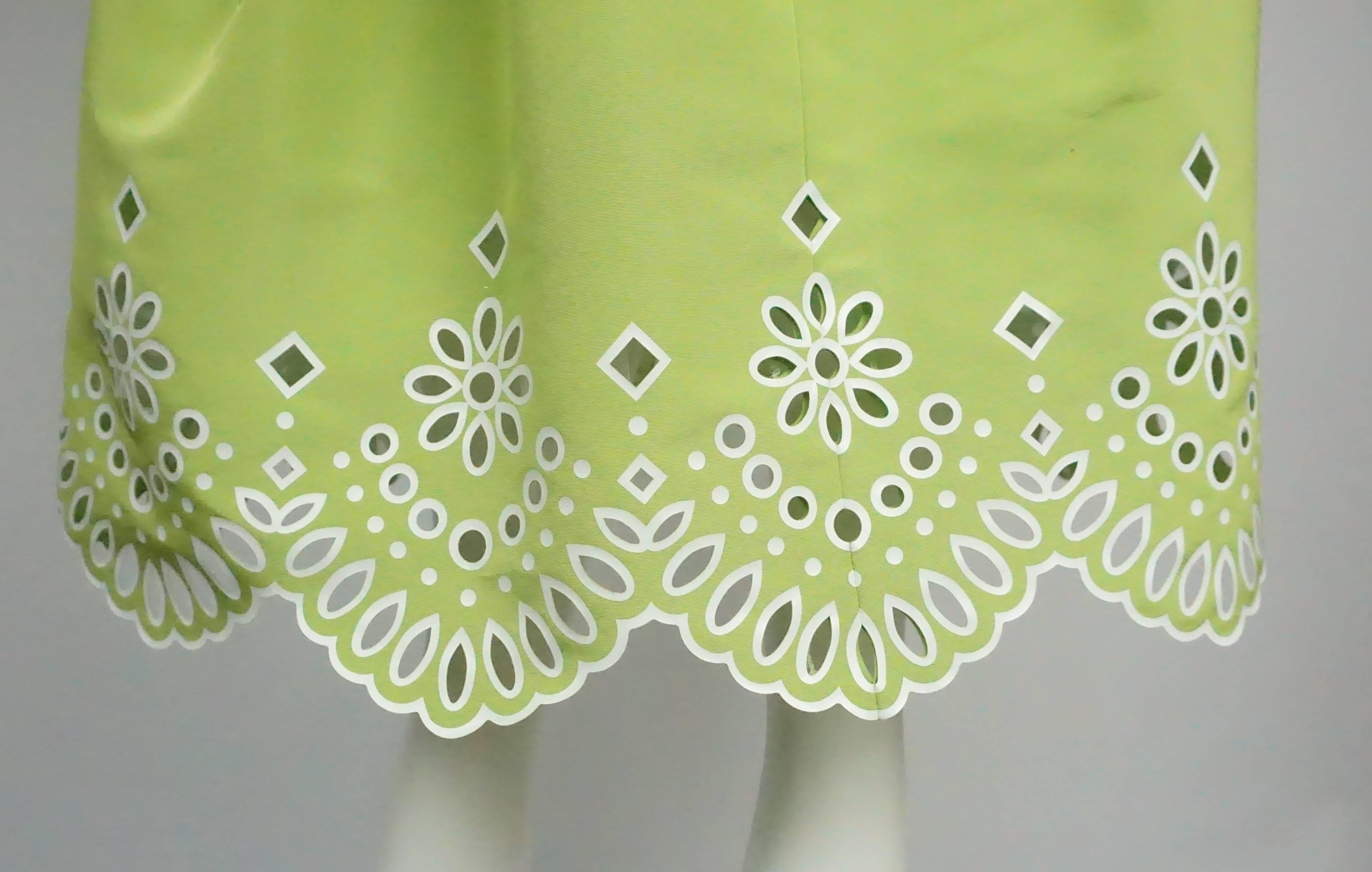 Women's Oscar De La Renta Lime Green and White Eyelet Silk Chartreuse Dress - 10 - NWT