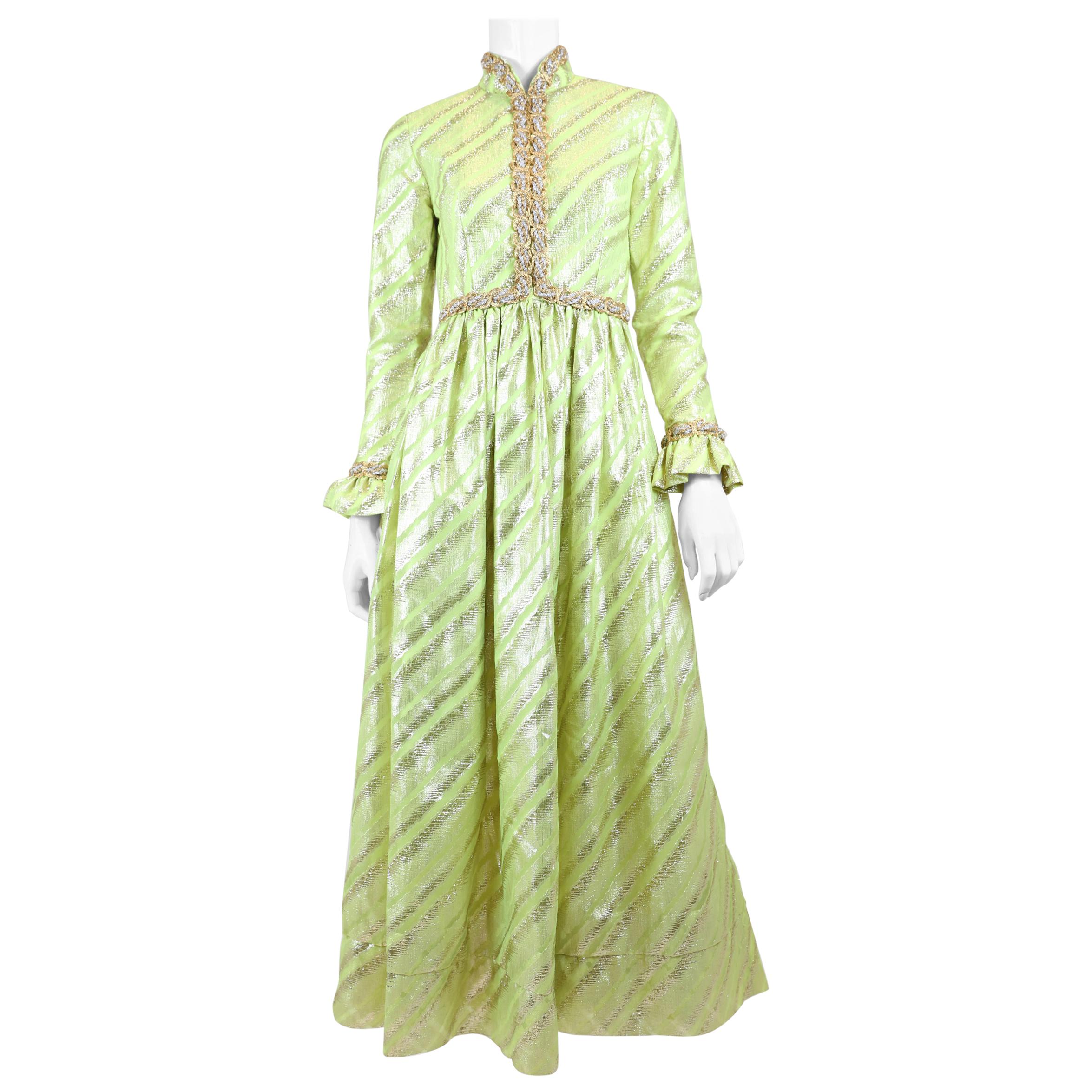 Oscar de la Renta Lime Green Long Gown with Gold Metallic Texture