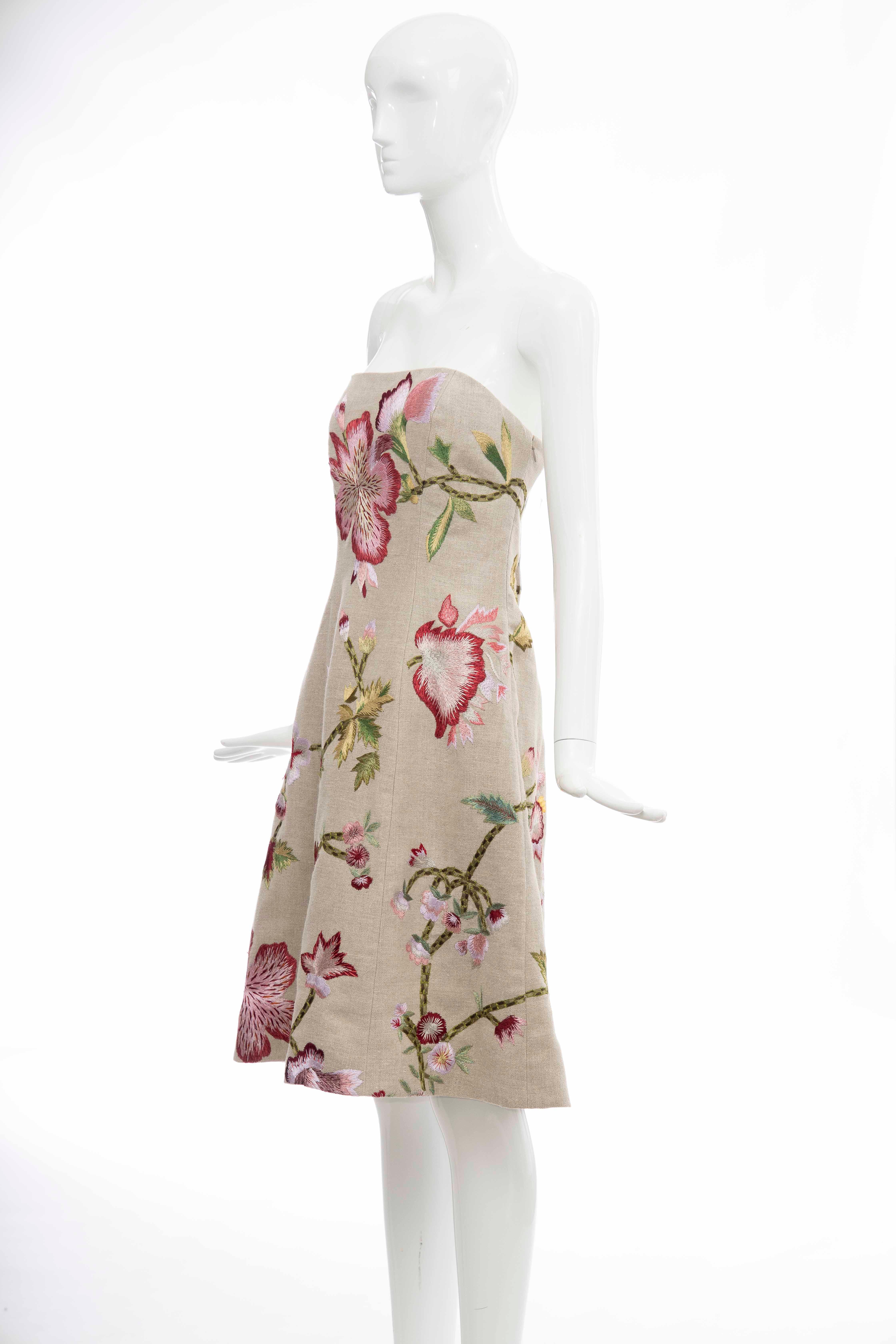 Beige Oscar de La Renta Runway Linen Silk Embroidered Strapless Dress, Spring 2003 For Sale