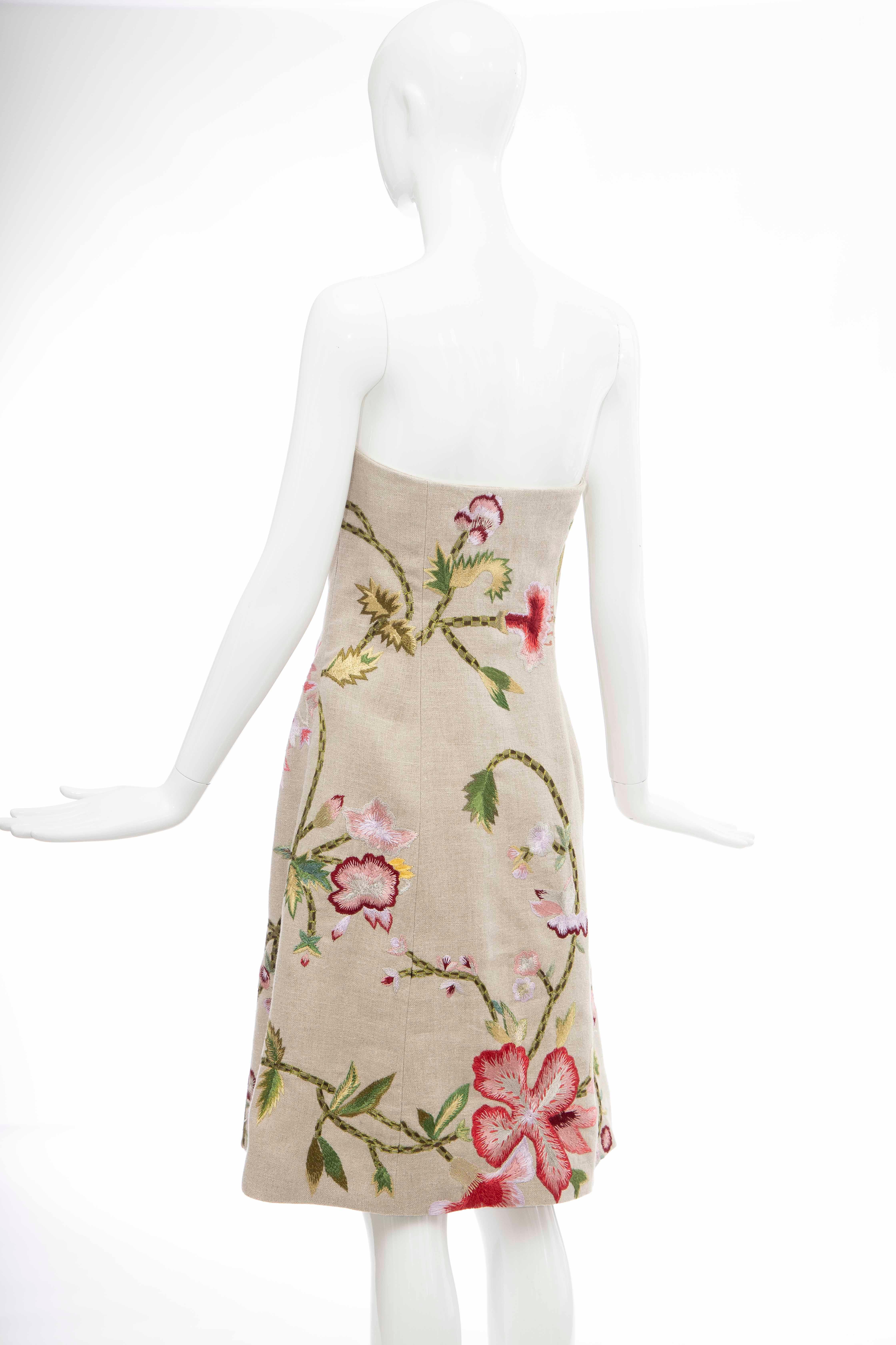 Oscar de La Renta Runway Linen Silk Embroidered Strapless Dress, Spring 2003 For Sale 1