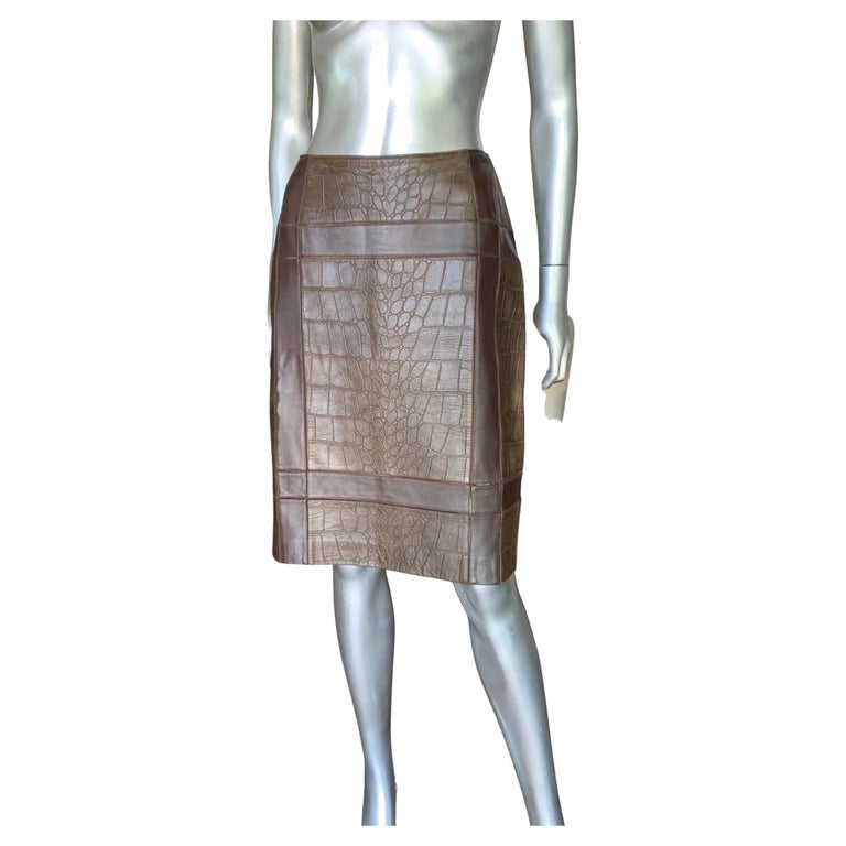 Oscar de la Renta Luxe Brown Leather Alligator Embossed Skirt SFA