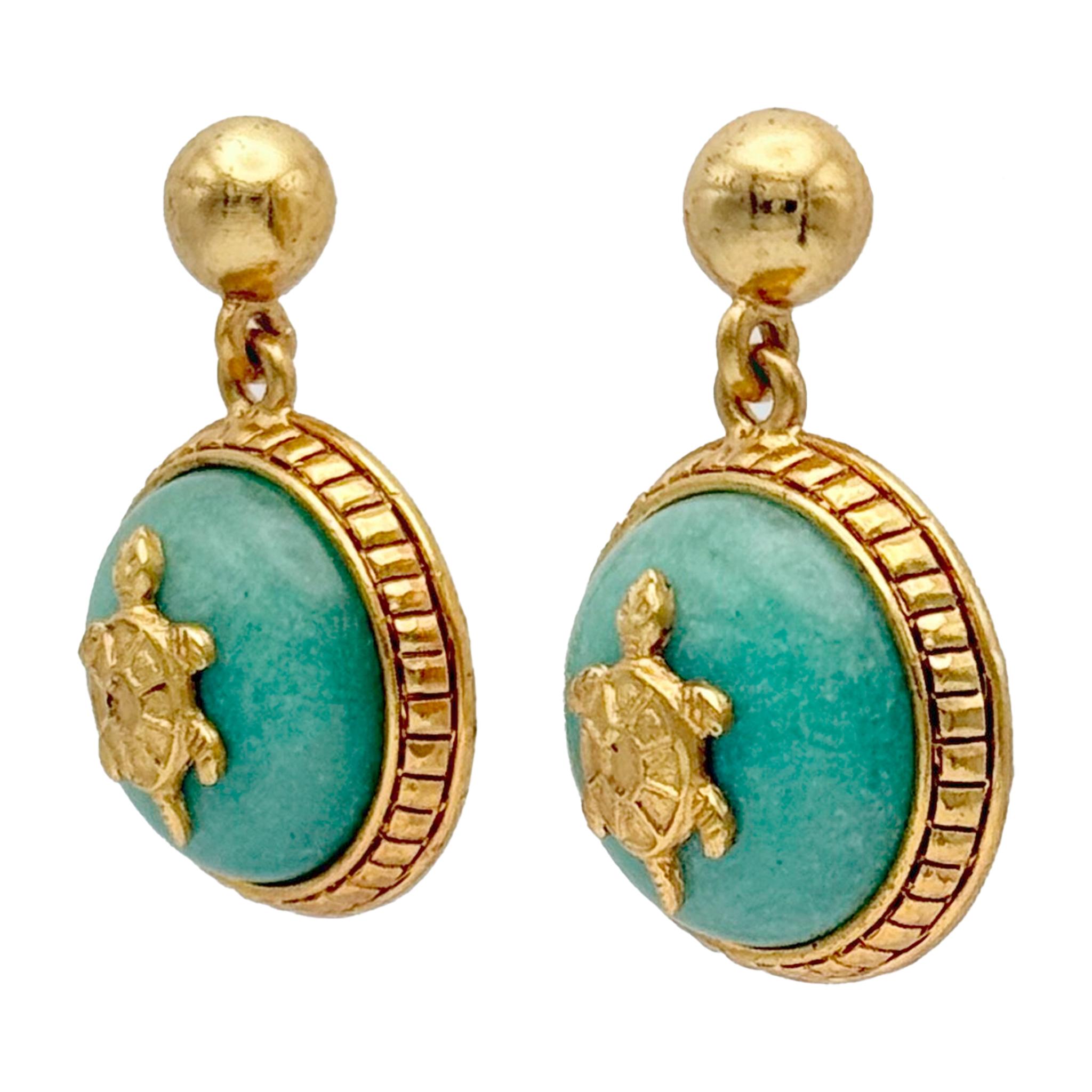 Contemporary Oscar De La Renta Luxury Gold Jade Tortoise Designer Drop Earrings Vintage For Sale