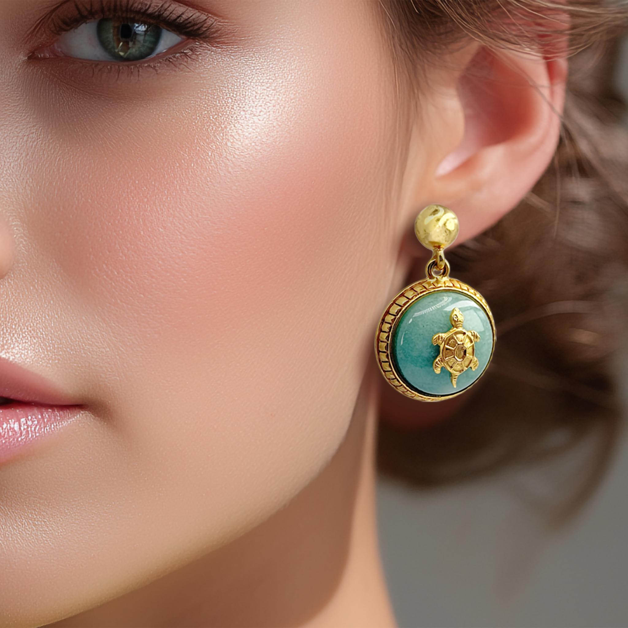 Oscar De La Renta Luxury Gold Jade Tortoise Designer Drop Earrings Vintage In New Condition For Sale In Santa Monica, CA