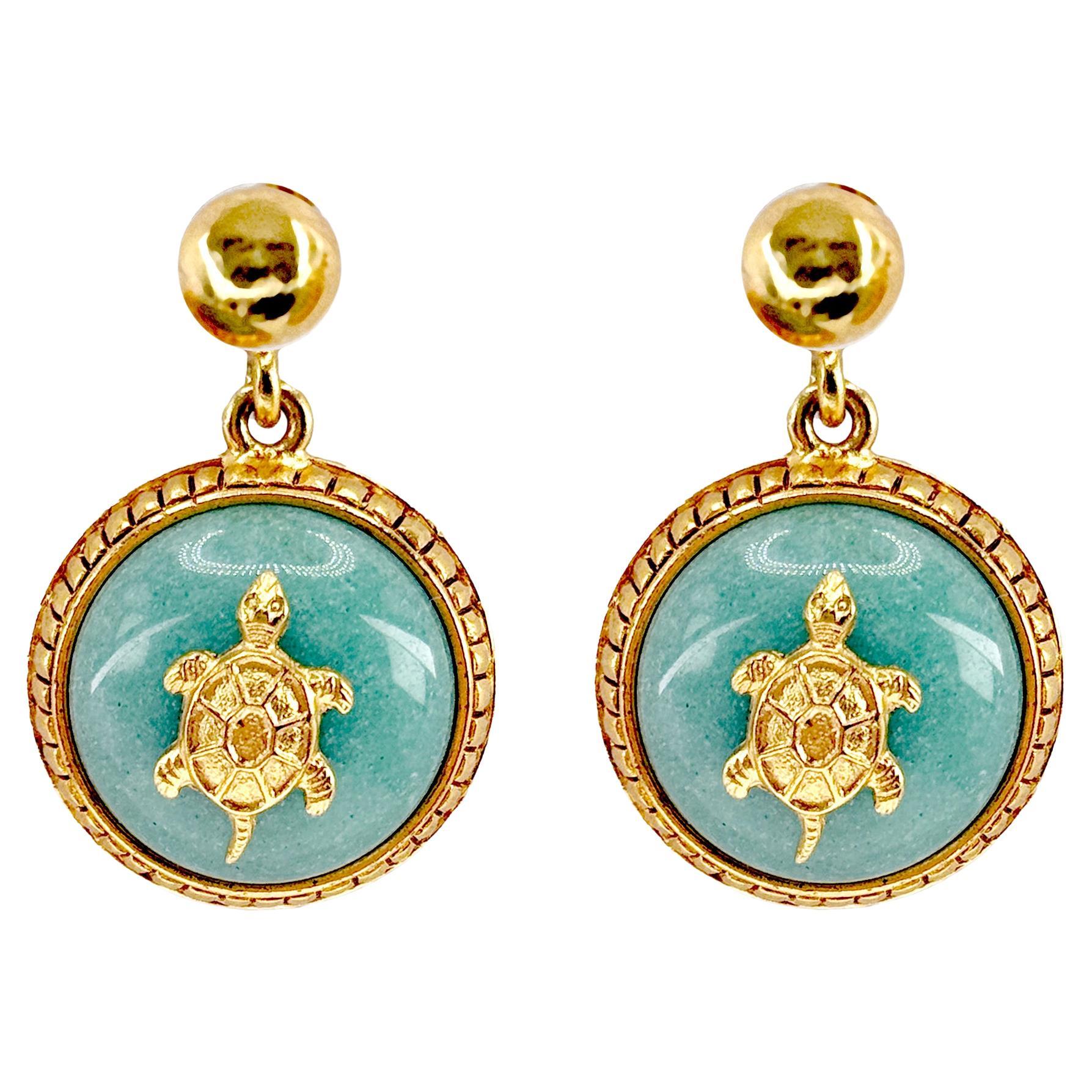 Oscar De La Renta Luxury Gold Jade Tortoise Designer Drop Earrings Vintage For Sale