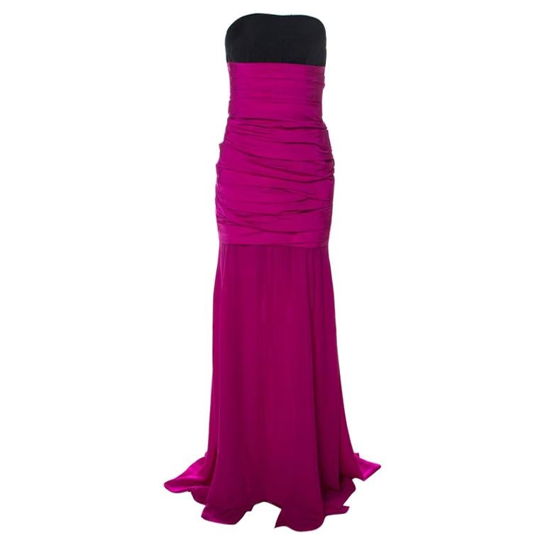 Oscar de la Renta Magenta Pink Silk Ruched Drop Waist Bodice Strapless Gown L
