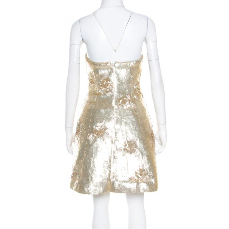 Oscar de la Renta Matte Gold Sequin Embellished Strapless Mini Dress S ...