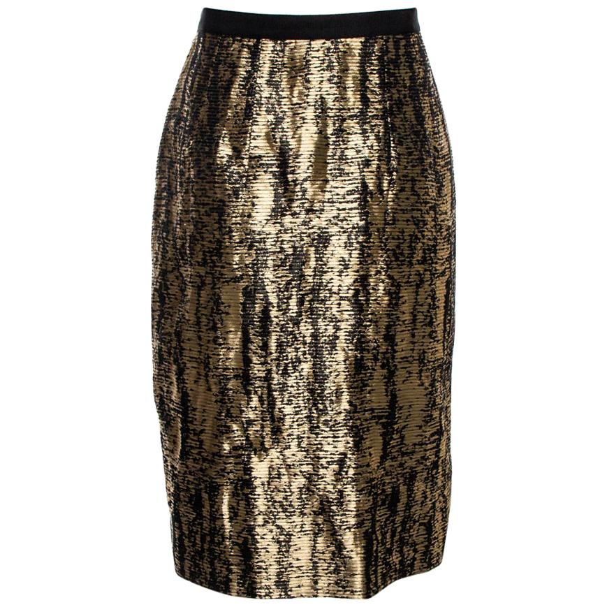 Oscar de la Renta Metallic Black/White Jacquard Knee Length Skirt M For Sale