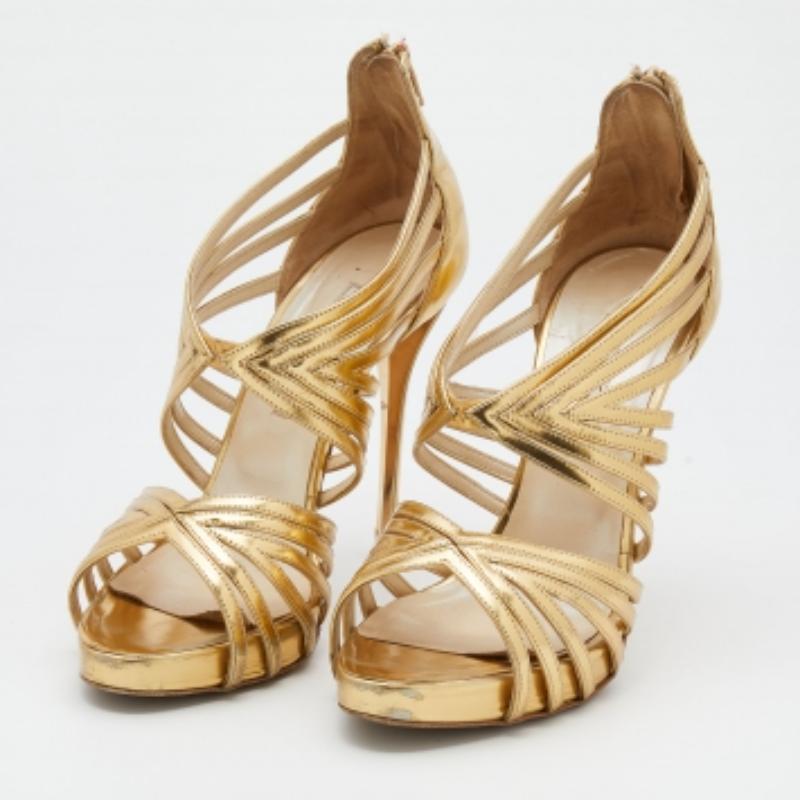 Oscar de la Renta Metallic Gold Leder Plateausandalen mit Knöchelriemen Größe 40 Damen im Angebot