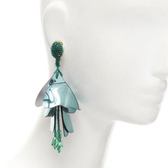 OSCAR DE LA RENTA metallic green beaded petals tassels drop clip on earrings