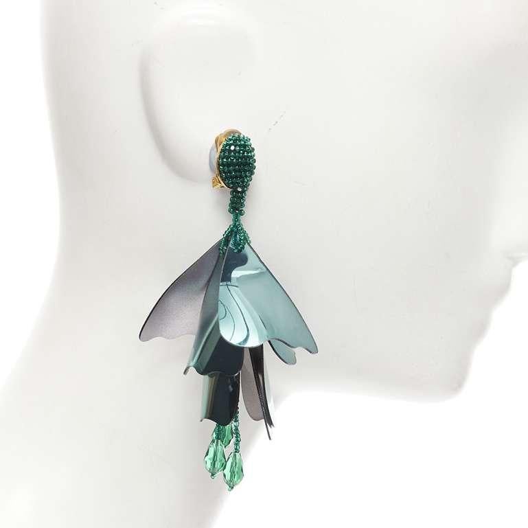 Gray OSCAR DE LA RENTA metallic green beaded petals tassels drop clip on earrings For Sale