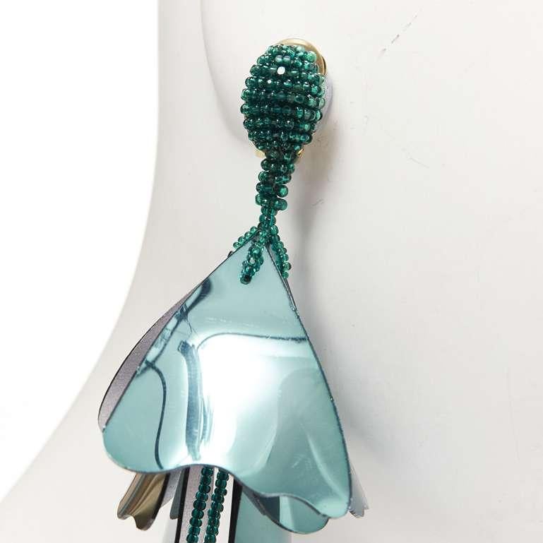 Women's OSCAR DE LA RENTA metallic green beaded petals tassels drop clip on earrings For Sale