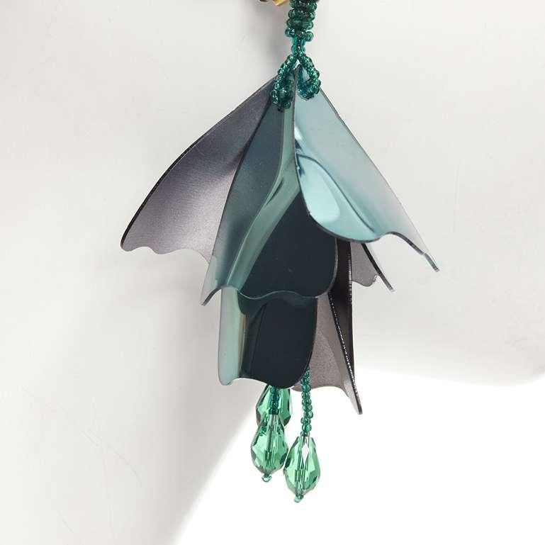 OSCAR DE LA RENTA metallic green beaded petals tassels drop clip on earrings For Sale 1