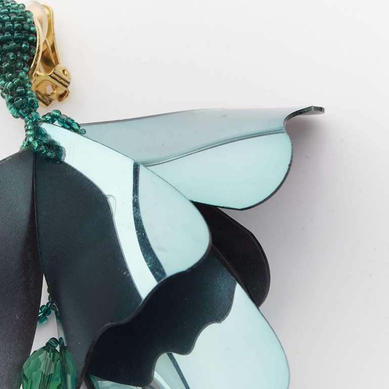 OSCAR DE LA RENTA metallic green beaded petals tassels drop clip on earrings For Sale 2