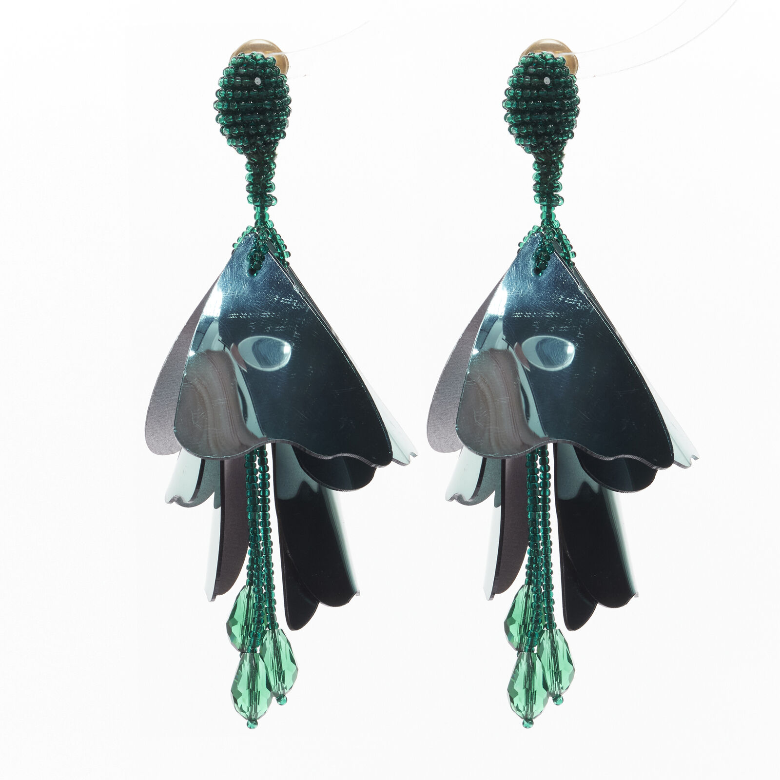 OSCAR DE LA RENTA metallic green beaded petals tassels drop clip on earrings