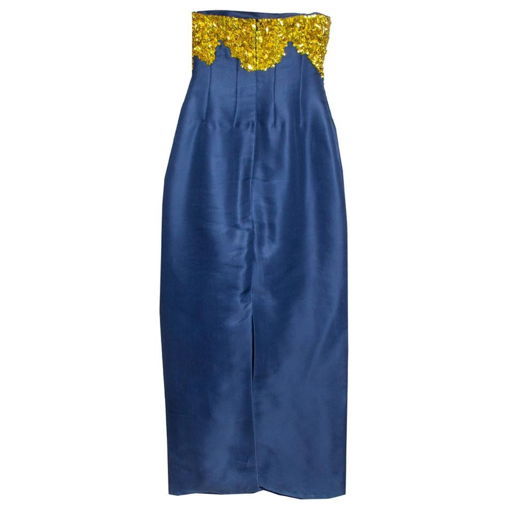 Oscar de la Renta Midnight Blue Silk Sequin Embellished Strapless Gown S