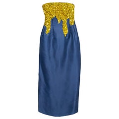 Oscar de la Renta Midnight Blue Silk Sequin Embellished Strapless Gown S