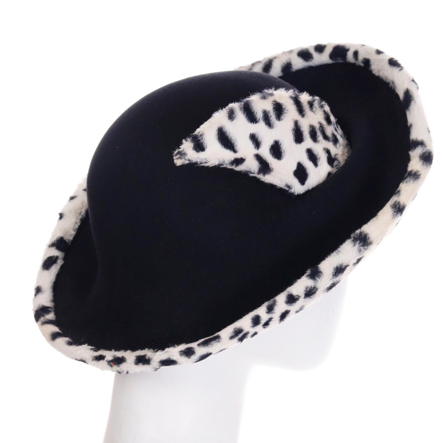 Oscar de la Renta Millinery Vintage Hut aus schwarzer Wolle und Kunstschnee mit Leopardenfell im Zustand „Gut“ im Angebot in Portland, OR