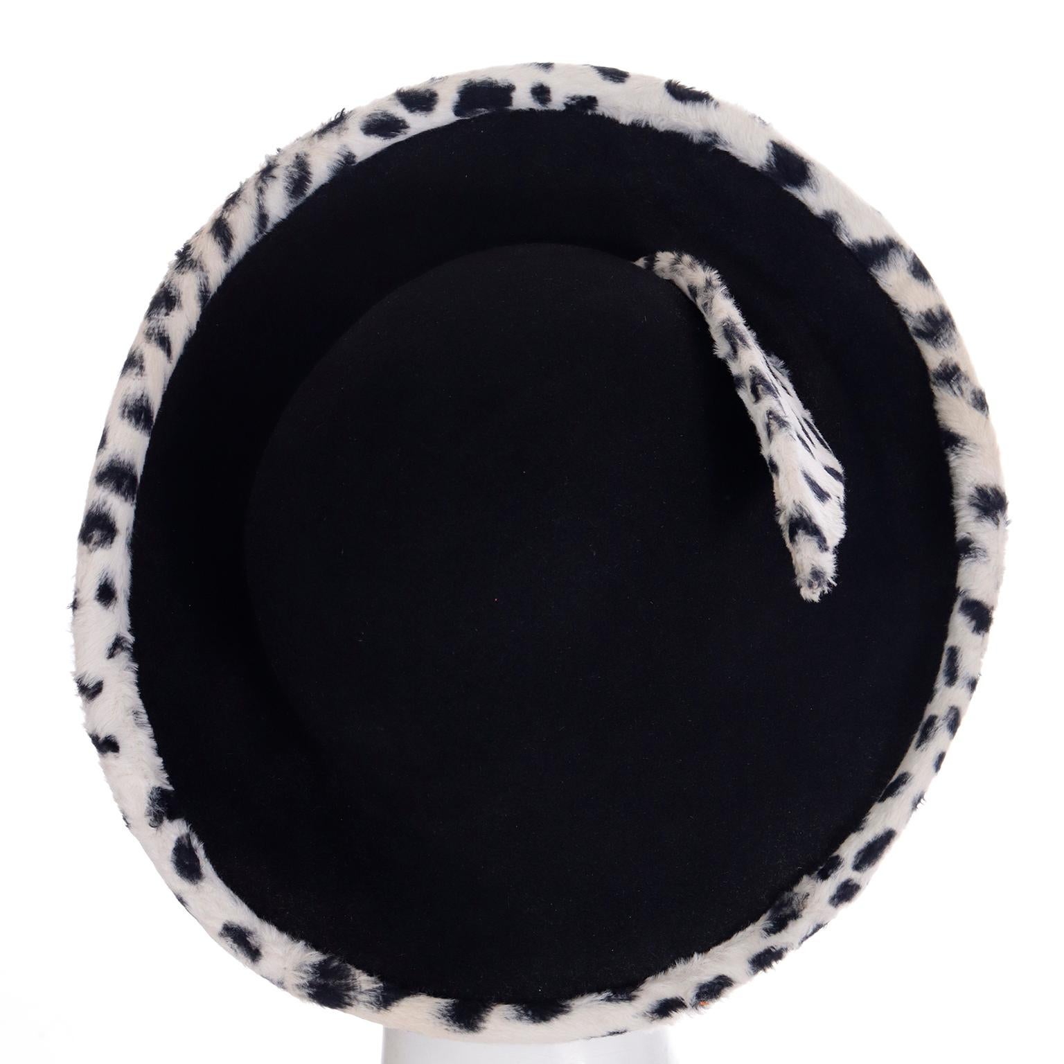 Oscar de la Renta Millinery Vintage Hut aus schwarzer Wolle und Kunstschnee mit Leopardenfell Damen im Angebot