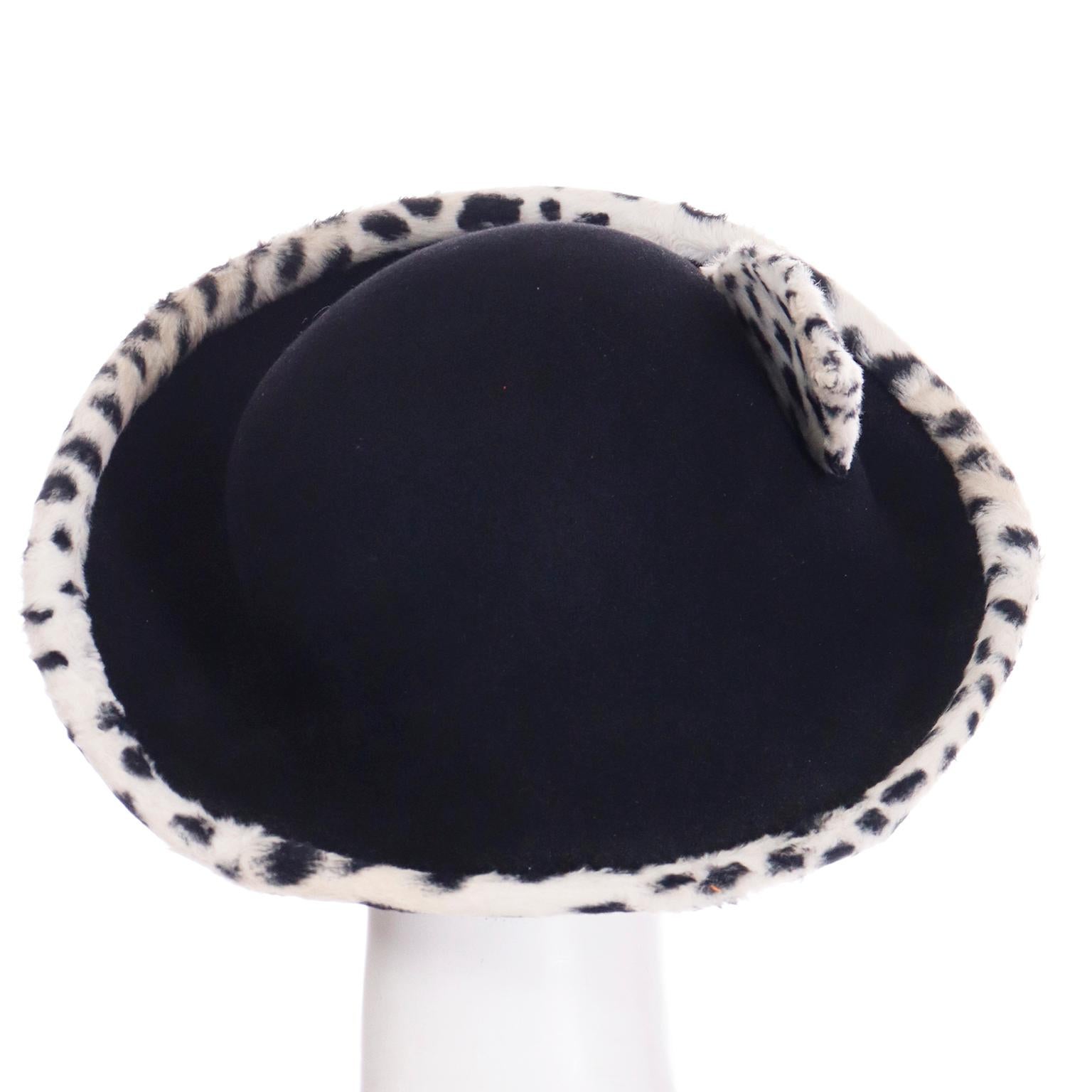 Oscar de la Renta Millinery Vintage Black Wool Faux Snow Leopard Fur Hat In Good Condition For Sale In Portland, OR