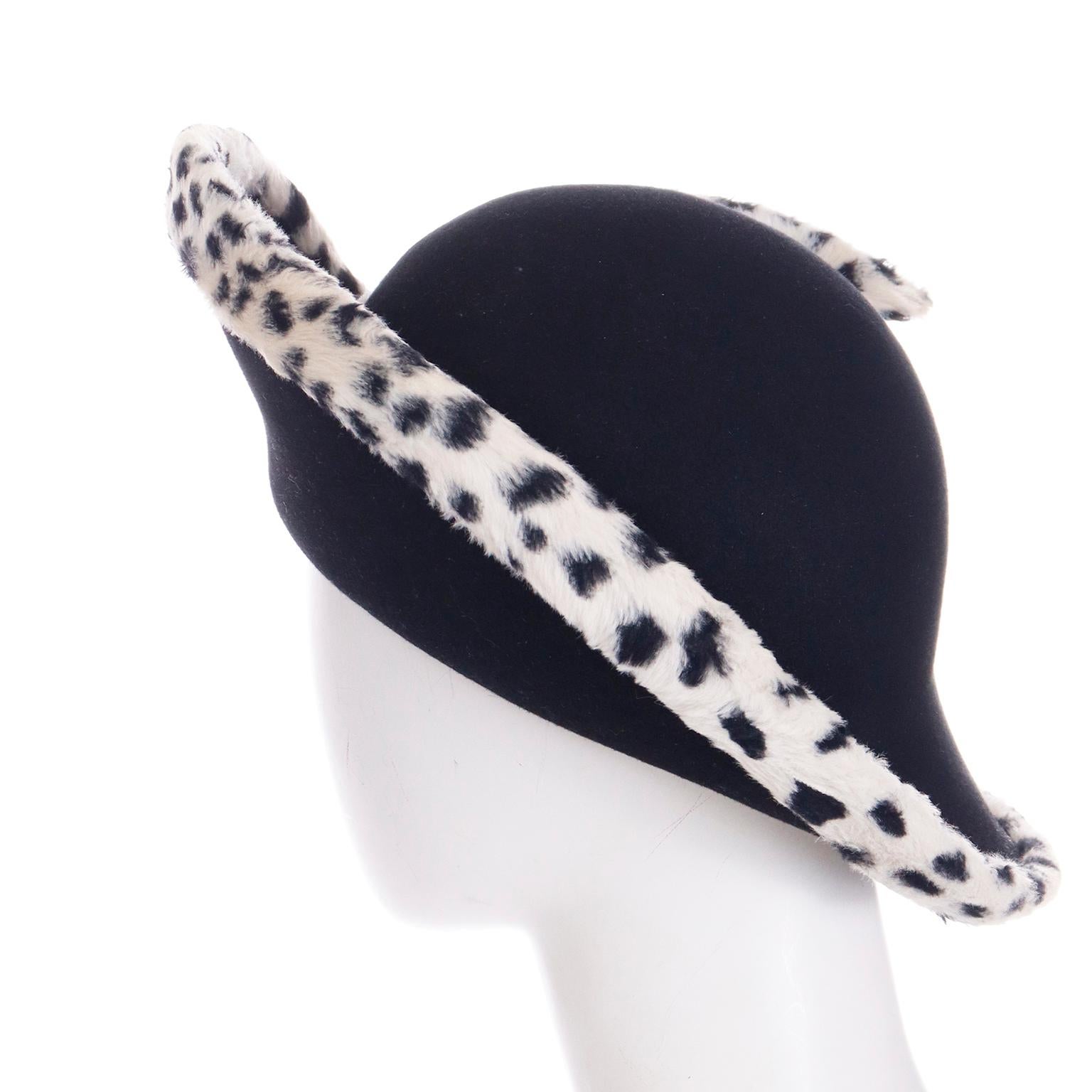 Oscar de la Renta Millinery Vintage Hut aus schwarzer Wolle und Kunstschnee mit Leopardenfell im Angebot 2