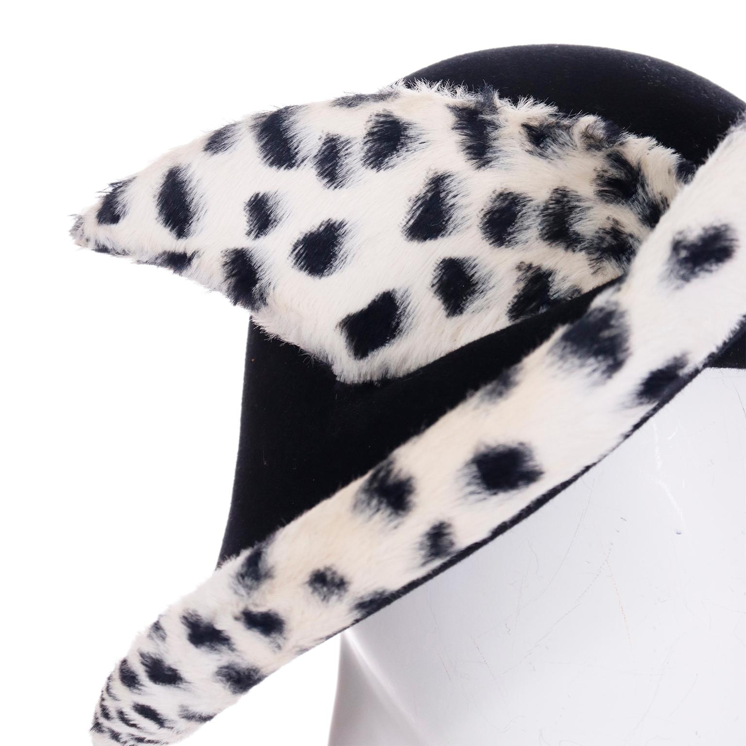 Chapeau vintage Oscar de la Renta Millinery en laine noire et fausse fourrure léopard en forme de neige en vente 3