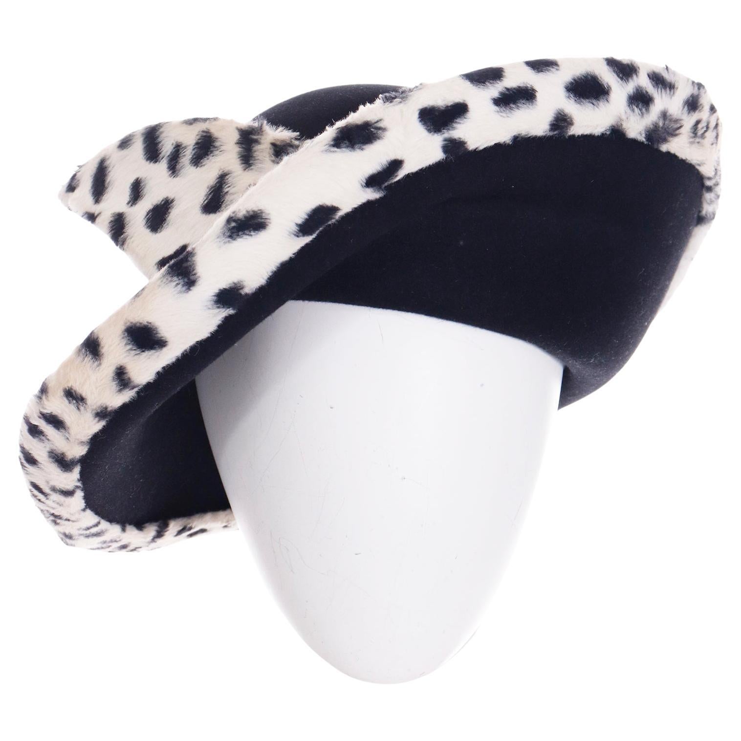 Oscar de la Renta Millinery Vintage Hut aus schwarzer Wolle und Kunstschnee mit Leopardenfell im Angebot
