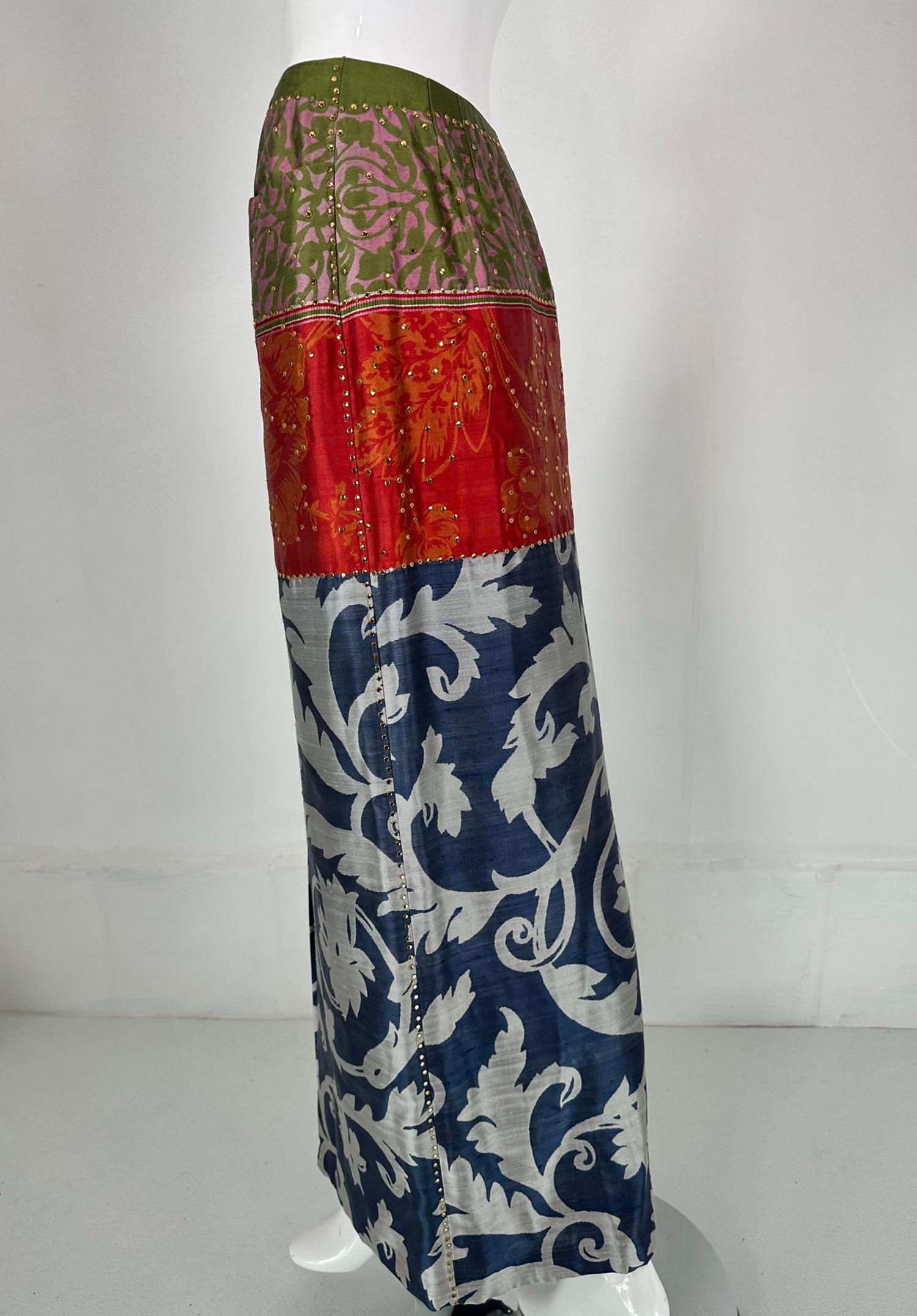 Brown Oscar de la Renta Mix Print Silk Jean Style Maxi Skirt with Gold Studs 4 For Sale