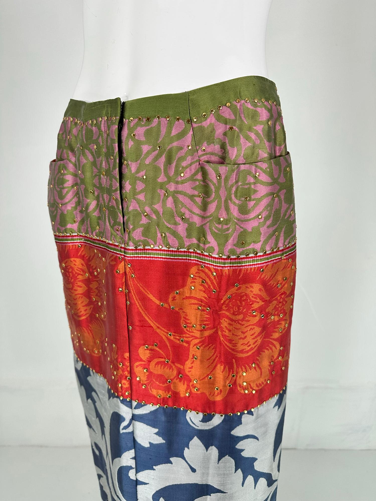 Oscar de la Renta Mix Print Silk Jean Style Maxi Skirt with Gold Studs 4 In Good Condition For Sale In West Palm Beach, FL