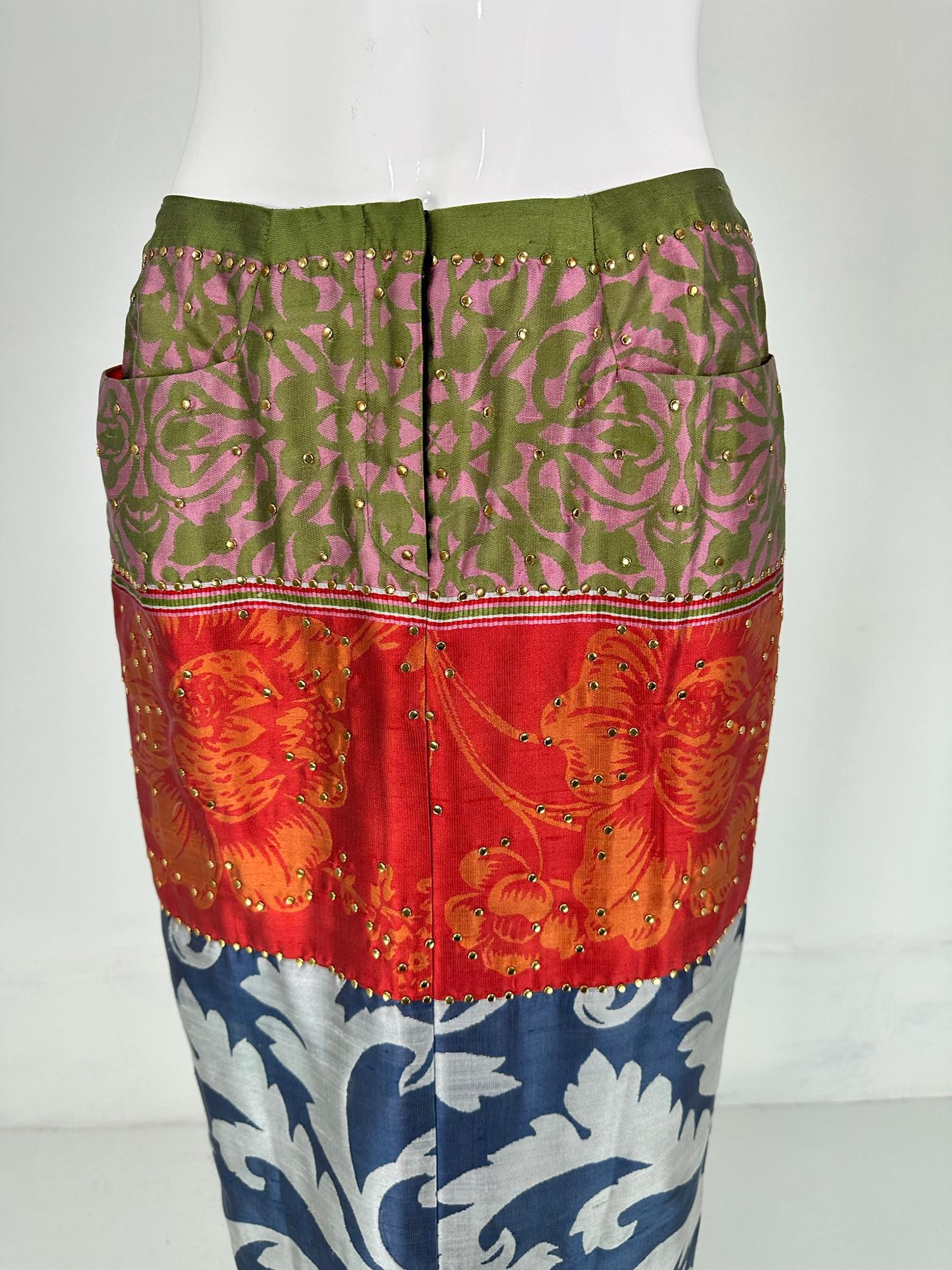 Women's Oscar de la Renta Mix Print Silk Jean Style Maxi Skirt with Gold Studs 4 For Sale
