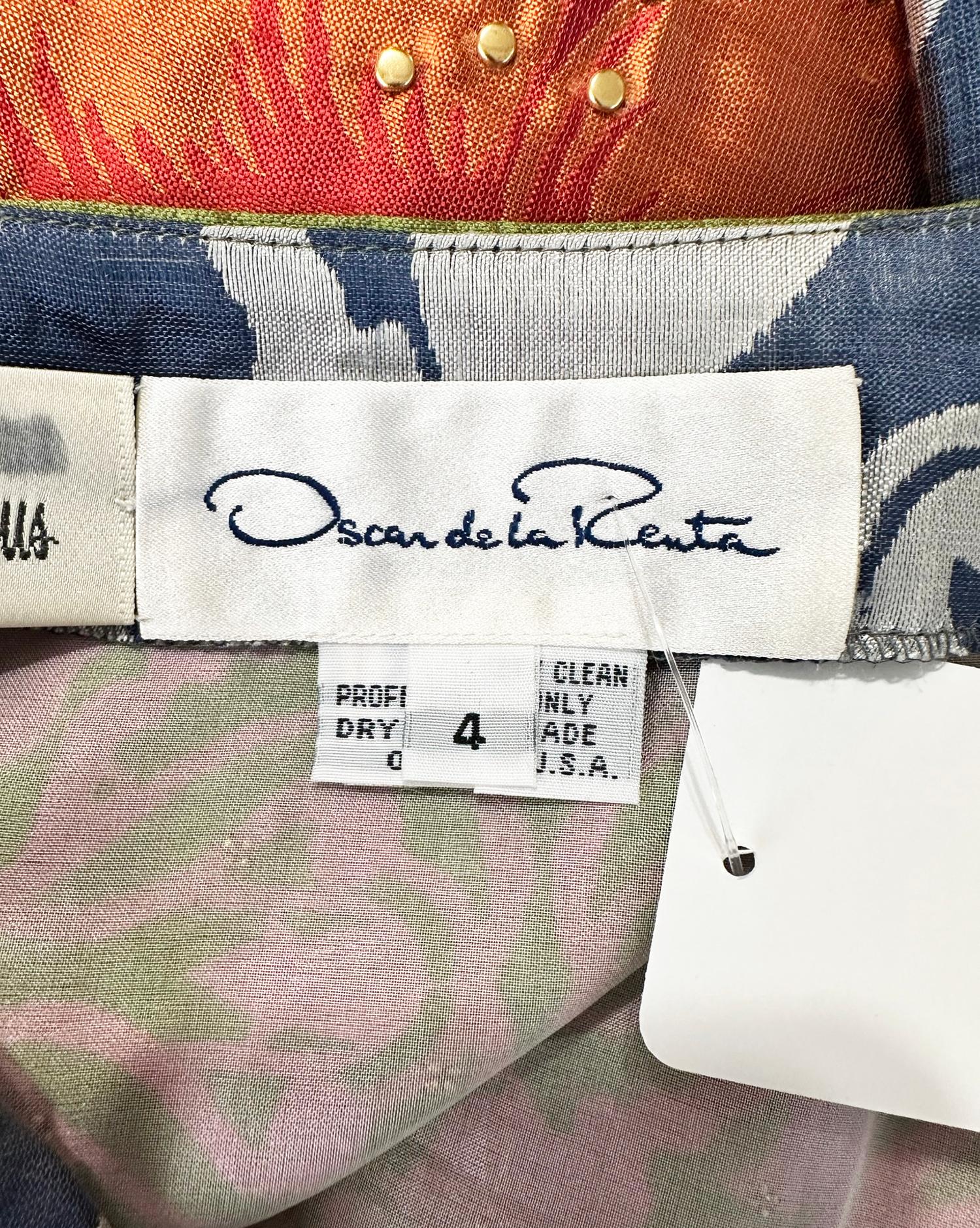 Oscar de la Renta Mix Print Silk Jean Style Maxi Skirt with Gold Studs 4 For Sale 4