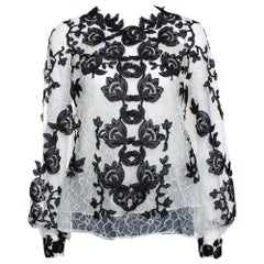 Oscar de la Renta Monochrome Floral Lace Long Sleeve Blouse L